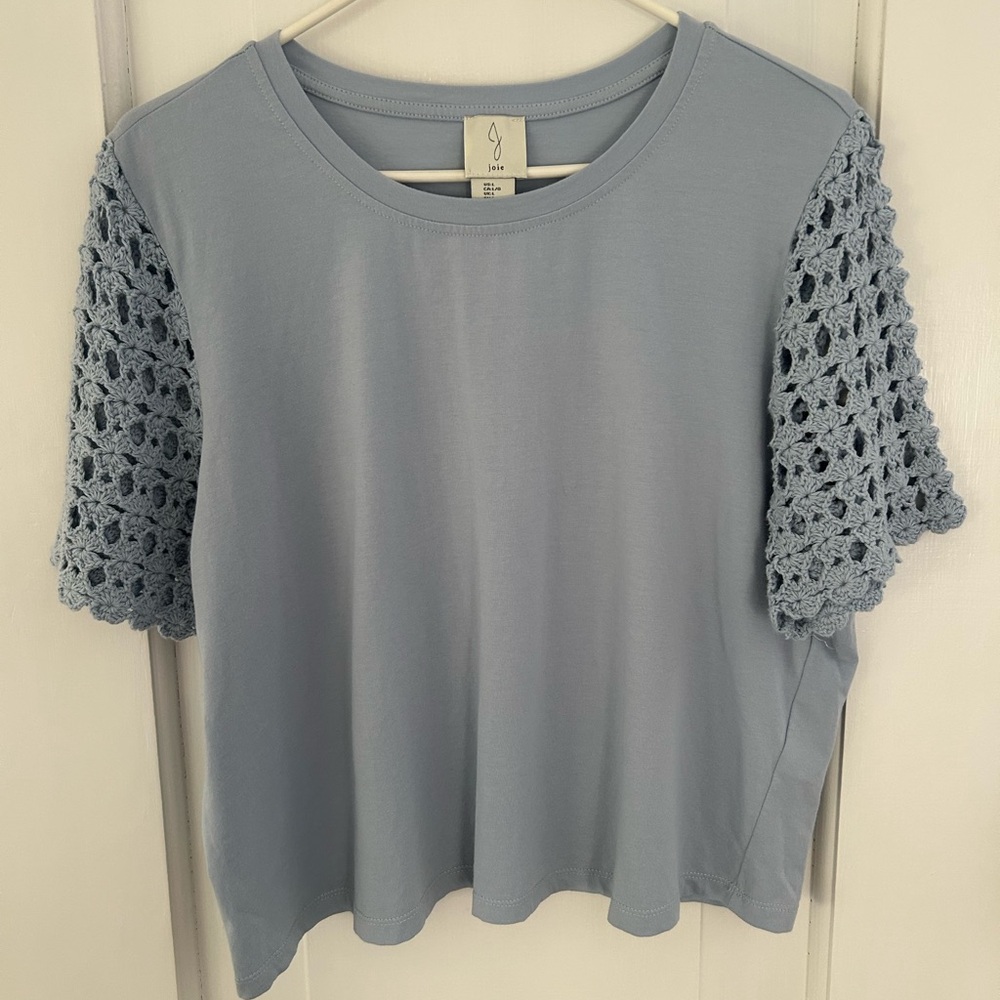 Joie Blue Knit Boho Top Crochet Sleeves Cottagecore
